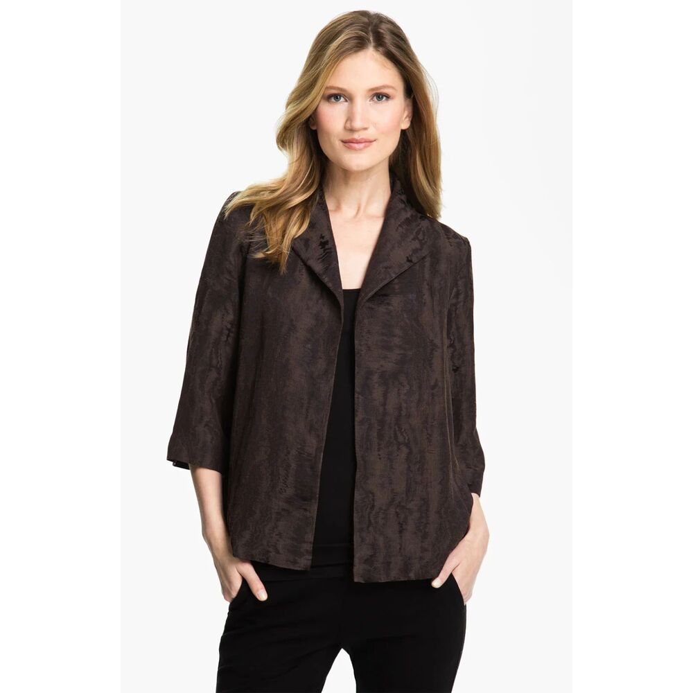 EILEEN FISHER Dark Brown Textured Blazer Style Open Cardigan Size S